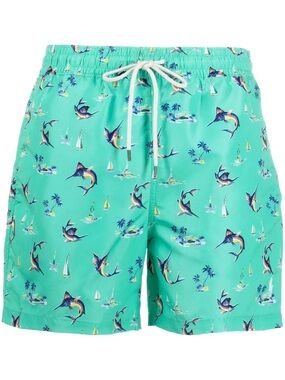 NWT Polo Ralph Lauren Men's Swordfish Allover Print Swim Trunks Green Size M